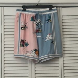 Nike Pink and Blue Athletic Shorts with Palm Tree Design